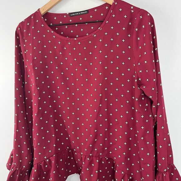 Harlowe and Graham Maroon Printer Ruffle Hem Blouse M - Picture 5 of 7